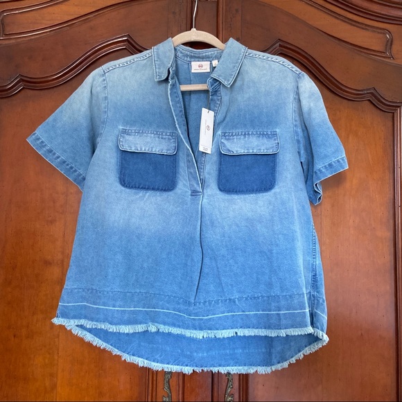 NWT Adriano Goldshmeid Peter Top in Sunwashed Patched Denim Polo - Picture 3 of 11